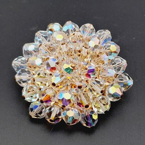 Vintage Crystal Aurora Borealis Clear Beaded 1960s Brooch - Picture 1 of 10